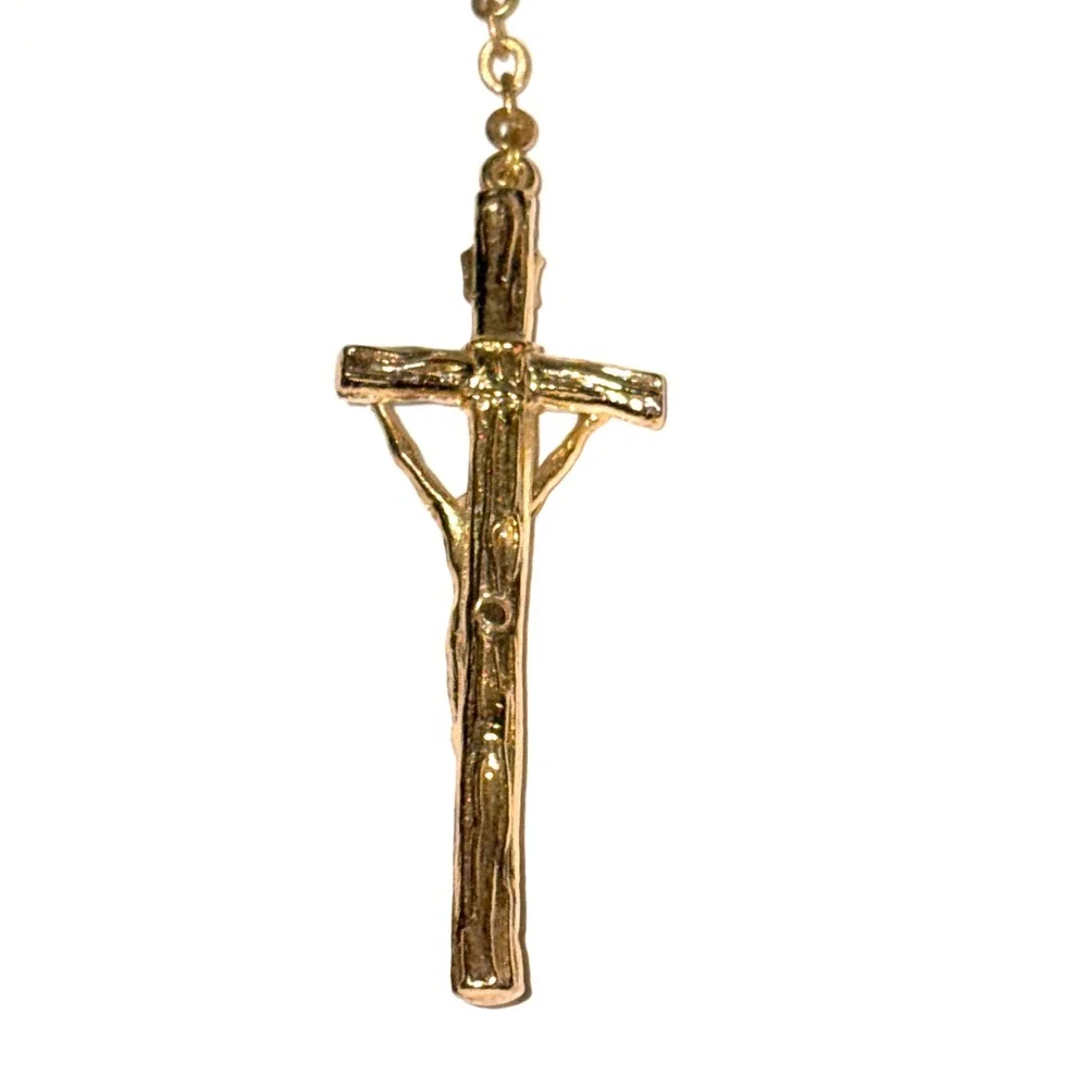 Vintage Wood Bead Rosary Gold Tone Lourdes Medal Crucifix Religious Necklace 24